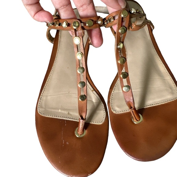 ALDO Starda camel/cognac leather sandal with gold studs 6.5 - Picture 2 of 4